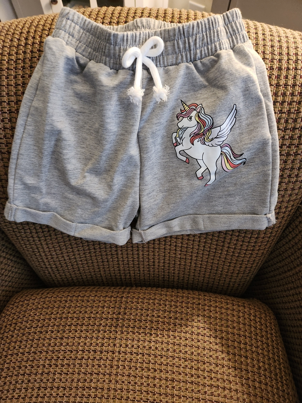 Light Gray Unicorn Knit Shorts with White Drawstring